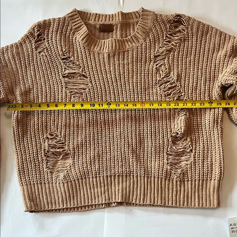 POL Tan Distressed Crew Neck Sweater woman’s oversized small beige chunky top - Picture 4 of 10